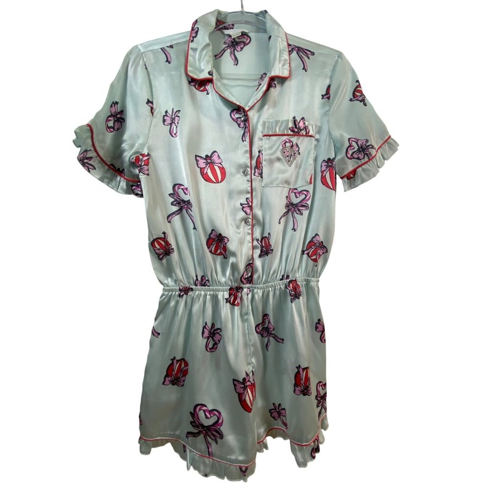 River Island Mint Green Bow Print Satin Pajama Shorts Romper Junior Size Medium
